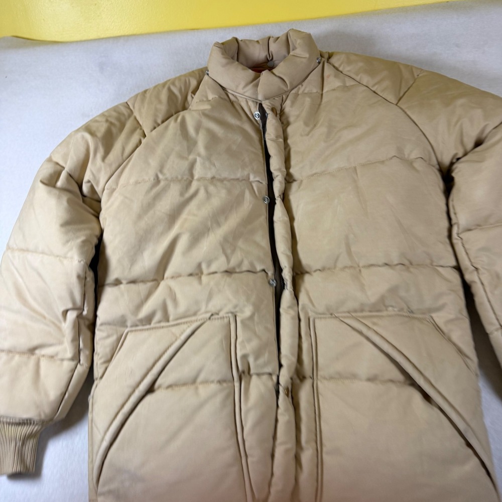 Vintage‎ Comstock Puffer Jacket Tan Beige Orange Lining Quilted Parka Mens XL